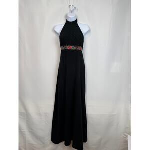 Vintage 70s Lanz Originals Black Halter Maxi Dress Floral Embroidered Boho XS
